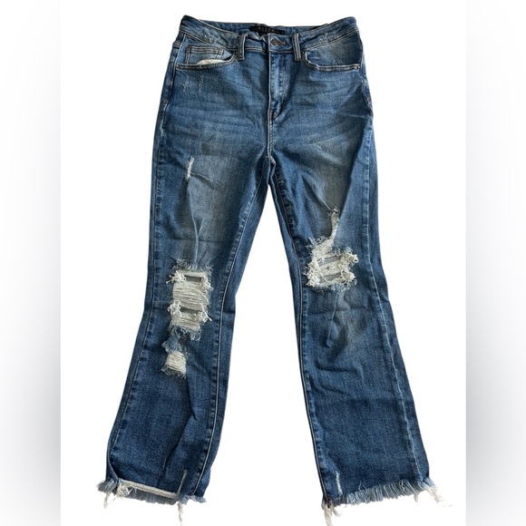 Risen Jeans Denim - RISEN Distressed Blue Straight Leg Jeans